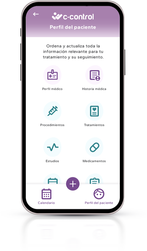 Pantalla de registro y perfil del paciente oncológico en app C-Control de Fundación Grisi y VAPORTI